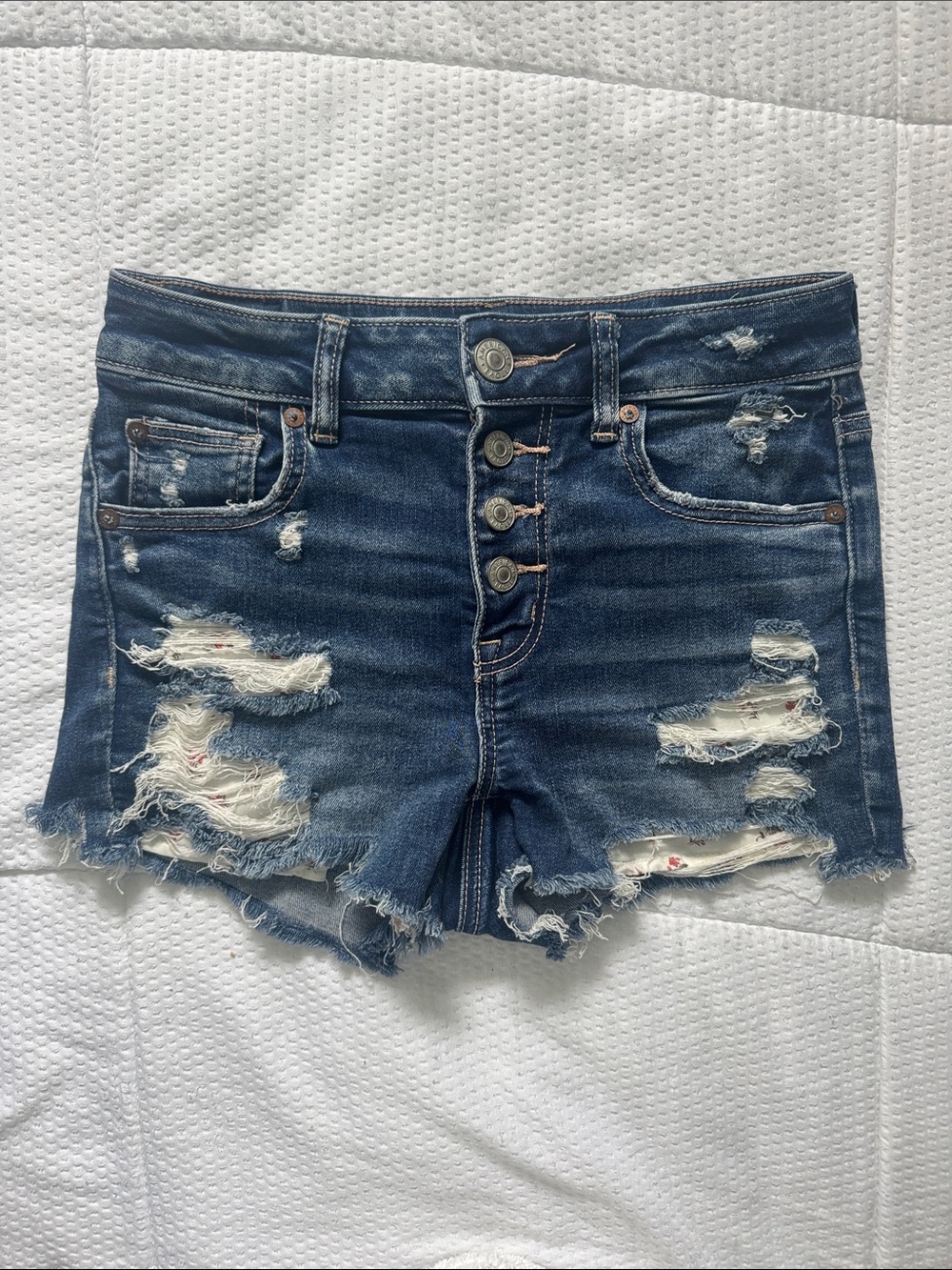 American Eagle Outfitters Distressed Dark Blue High-Rise Denim Shorts